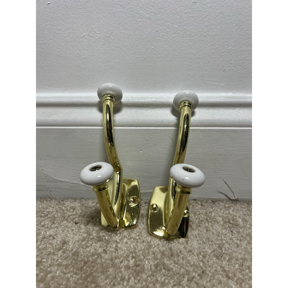 2 Vintage Metal Gold Wall Mount Coat Towel Double Hook Hanger Porcelain Knobs